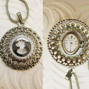 Vintage CARAVELLE BULOVA Watch Necklace: Whiting & Davis Cameo Pendant Watch